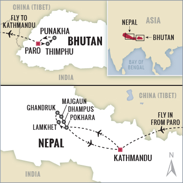 Bhutan and Nepal Trekking and hiking Map with Boundless Journeys